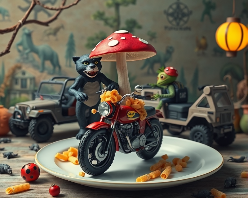 potato chip, mushroom, panther, ladybug, puppet, motorcycle, plate, jeep, camel, dog, unicycle, alien, pasta, lantern, parakeet